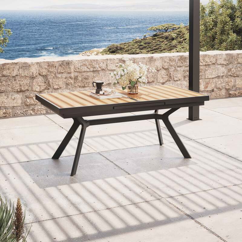 Table de jardin extensible rectangulaire (187/250 x 90 x 77 cm) en aluminium et effet bois