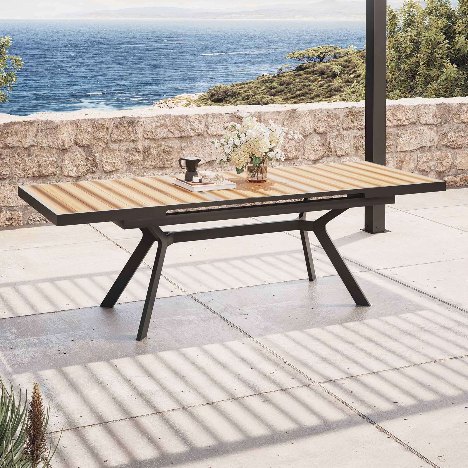Table de jardin extensible rectangulaire 187/250 cm en aluminium et 10 chaises avec accoudoirs 