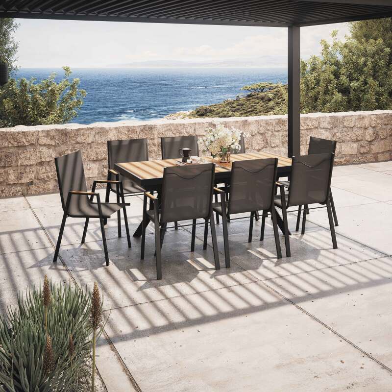 Table de jardin extensible rectangulaire 187/250 cm en aluminium et 10 chaises avec accoudoirs