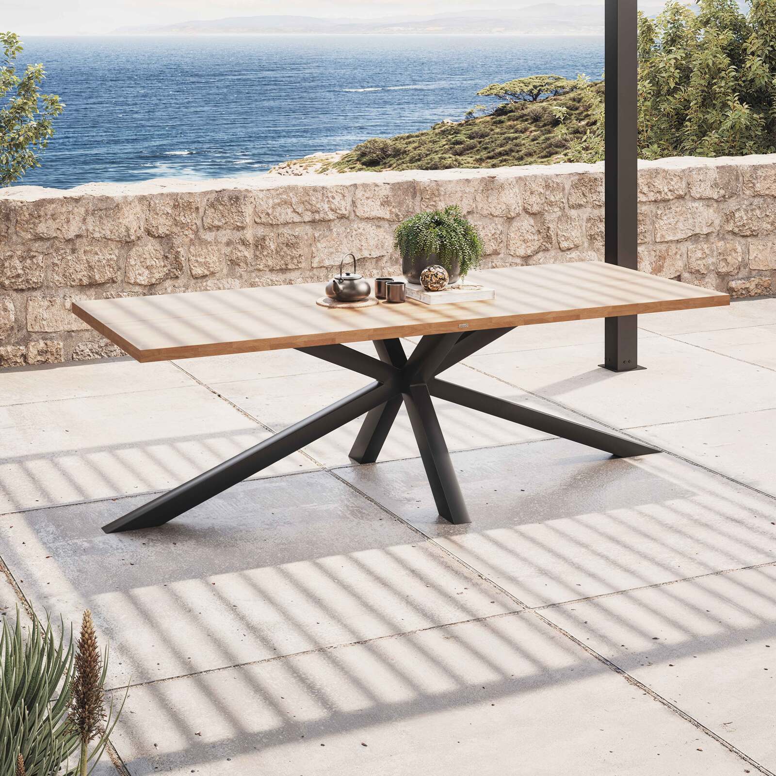 Table de jardin rectangulaire 240 x 95 cm en bois d'acacia et 10 chaises avec accoudoirs en aluminium