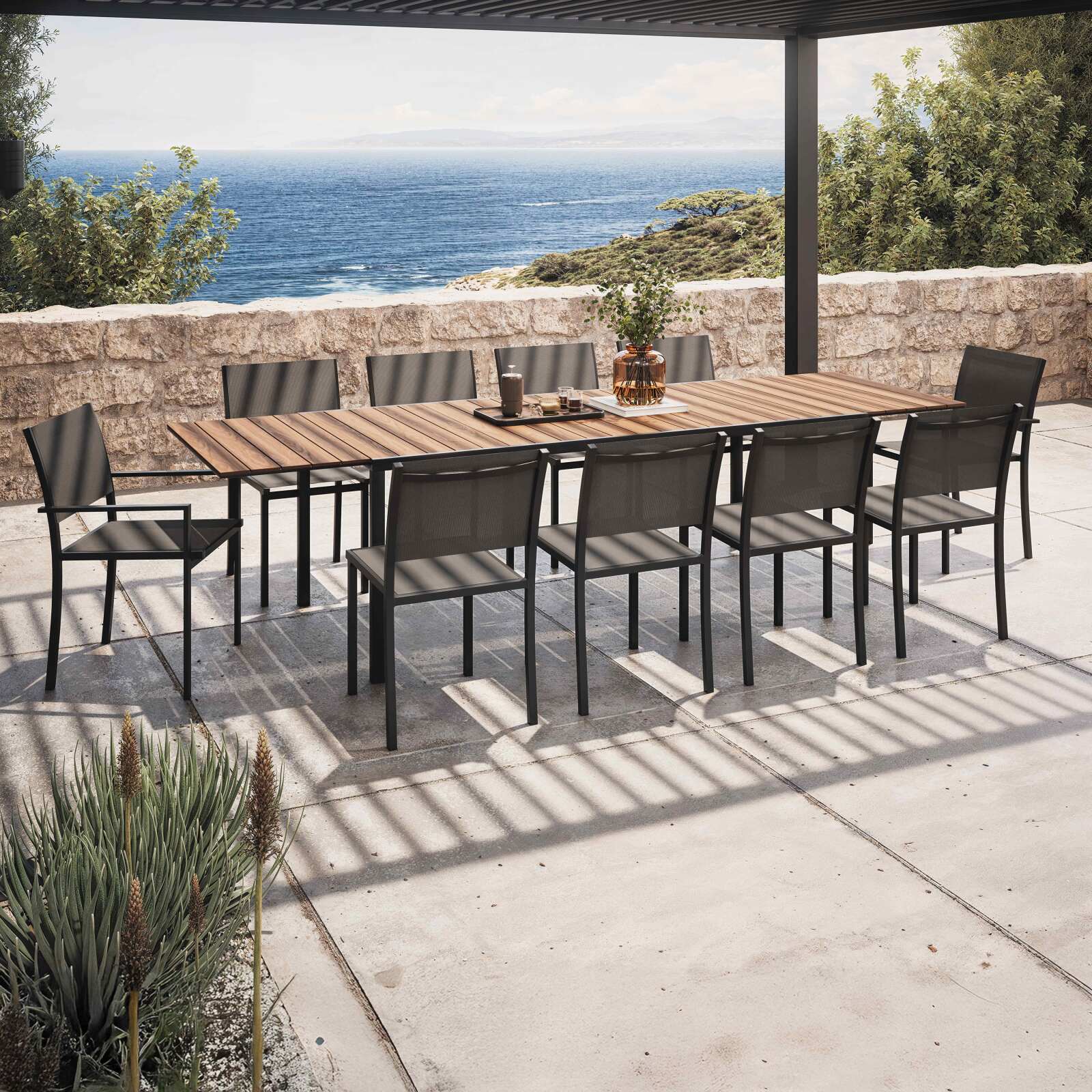 Table de jardin extensible rectangulaire avec  8 chaises et 2 chaises avec accoudoirs