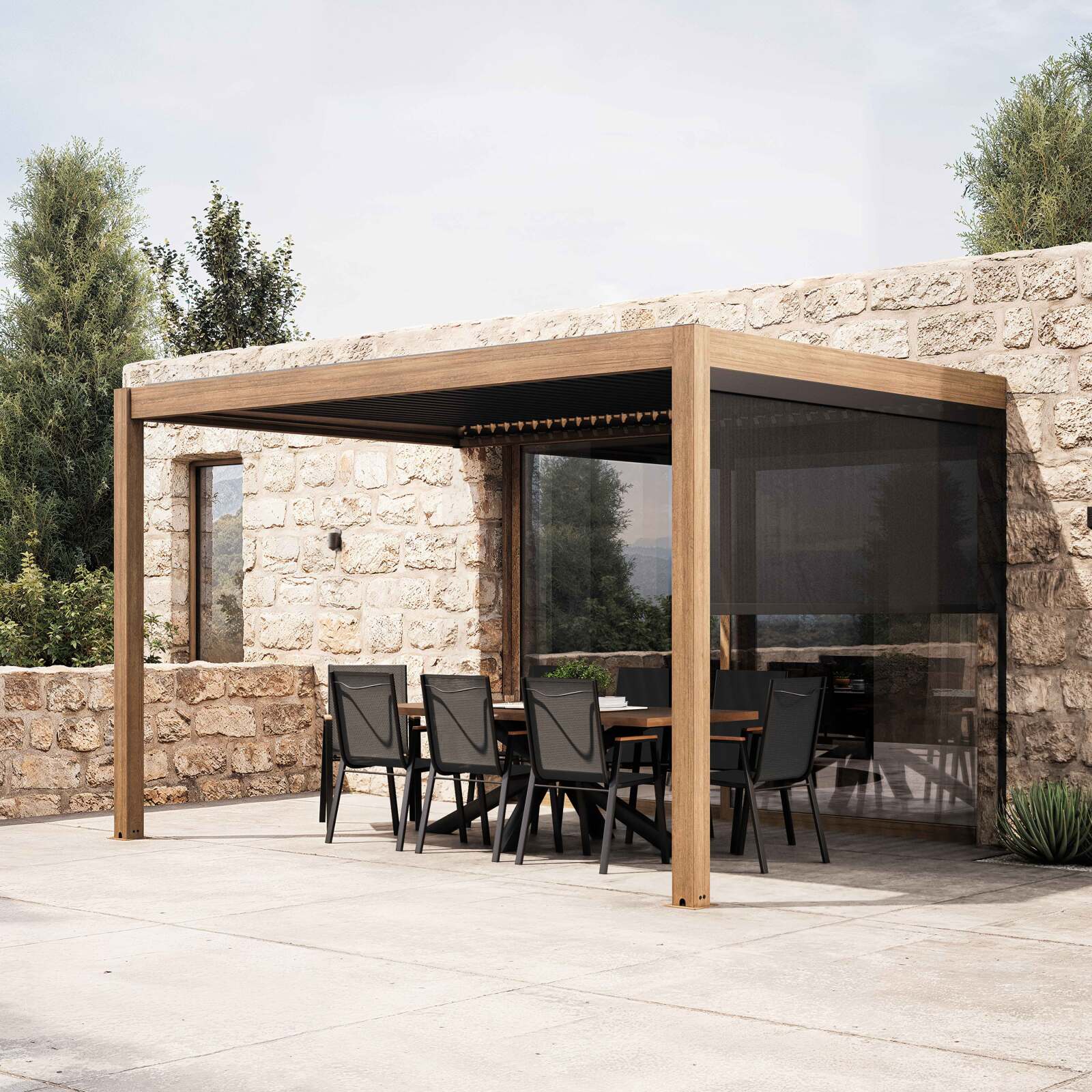 Pergola bioclimatique adossée 4x3m effet bois en aluminium avec 1, 2 ou 3 stores