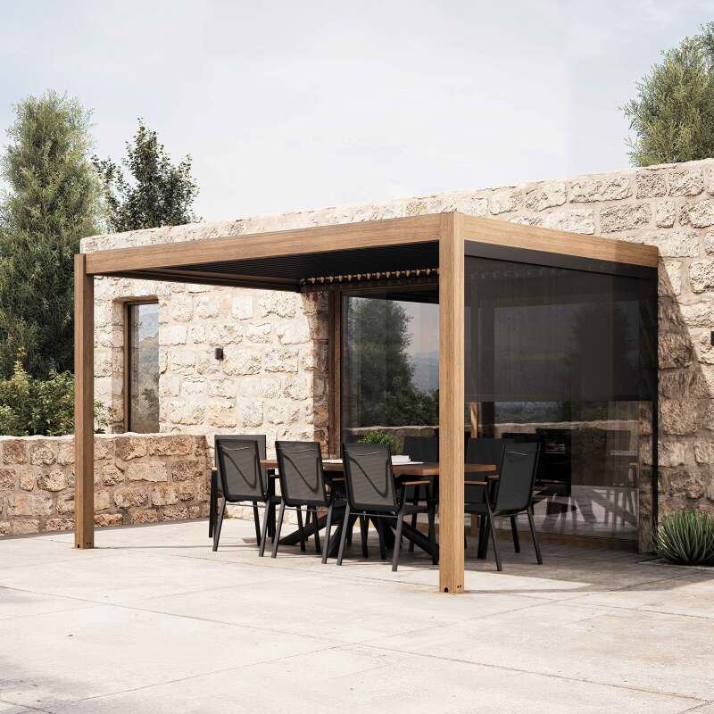 Pergola bioclimatique adossée 4x3m effet bois en aluminium avec 1, 2 ou 3 stores