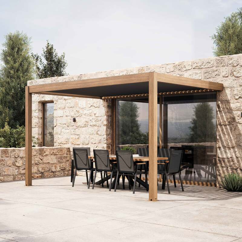 Pergola bioclimatique adossée 4x3m effet bois en aluminium avec 1, 2 ou 3 stores