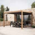 Pergola bioclimatique autoportée 4x3m motorisée/éclairée effet bois toit gris en aluminium avec 1, 2 ou 3 stores