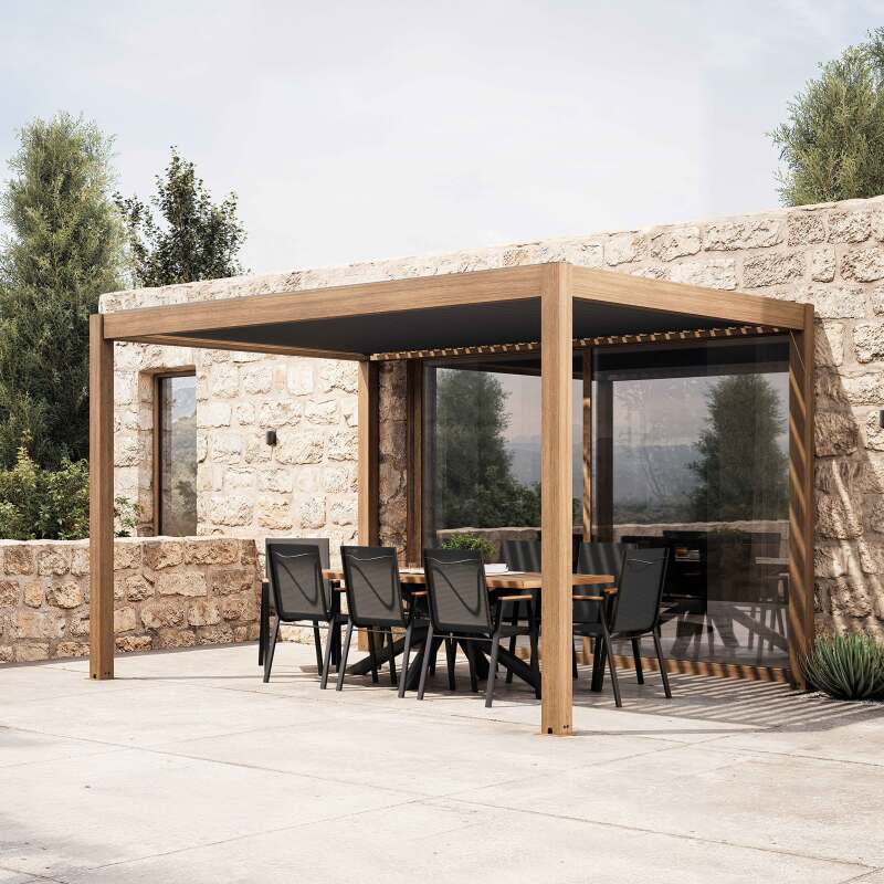 Pergola bioclimatique autoportée 4x3m motorisée/éclairée effet bois toit gris en aluminium avec 1, 2 ou 3 stores