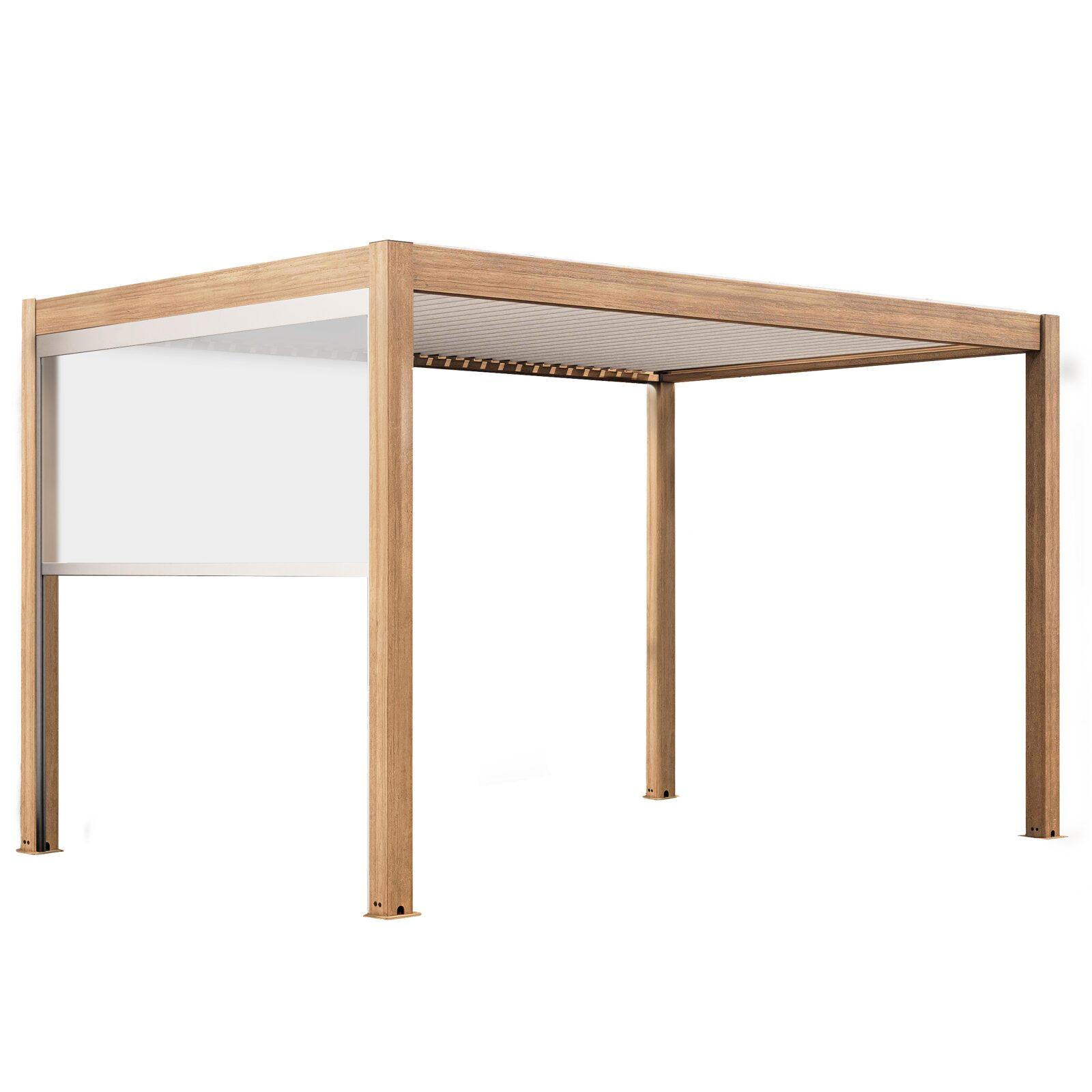 Pergola bioclimatique autoportée 4x3m motorisée/éclairée effet bois toit blanc en aluminium avec 1, 2 ou 3 stores