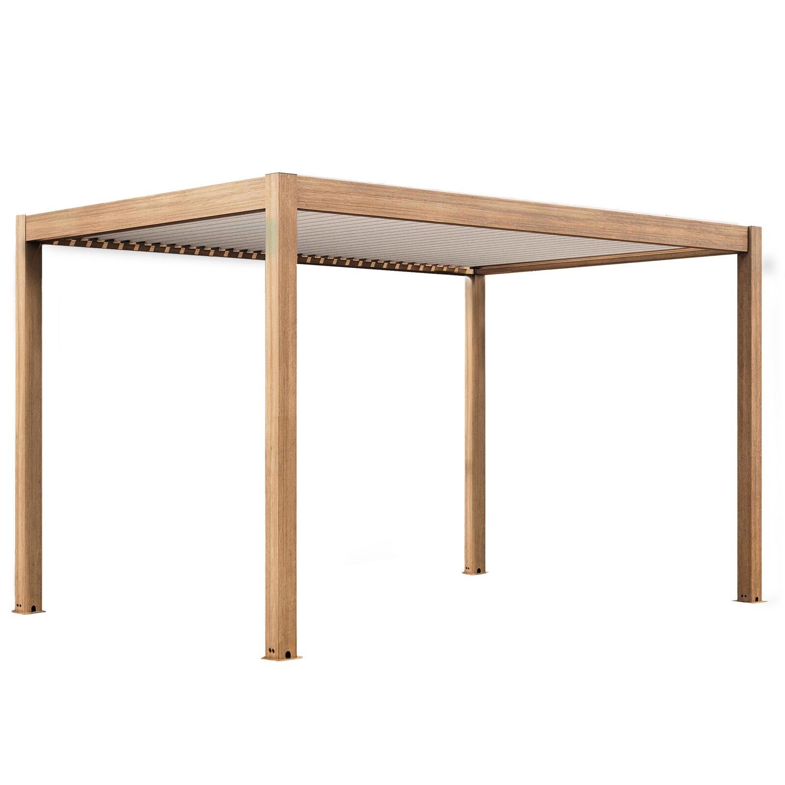 Pergola bioclimatique autoportée 4x3m motorisée/éclairée effet bois toit blanc en aluminium avec 1, 2 ou 3 stores