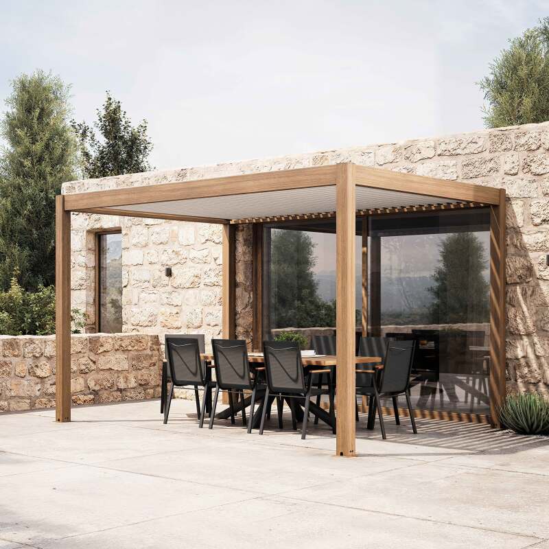 Pergola bioclimatique autoportée 4x3m motorisée/éclairée effet bois toit blanc en aluminium avec 1, 2 ou 3 stores (2/7)