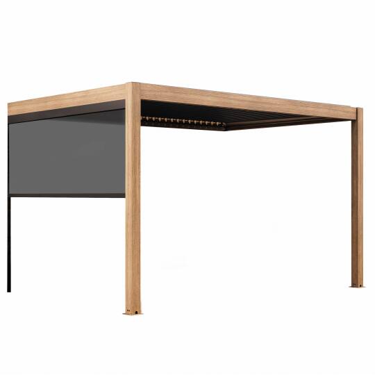 Pergola bioclimatique adossée 4x3m motorisée/éclairée effet bois en aluminium avec 1, 2 ou 3 stores | Oviala