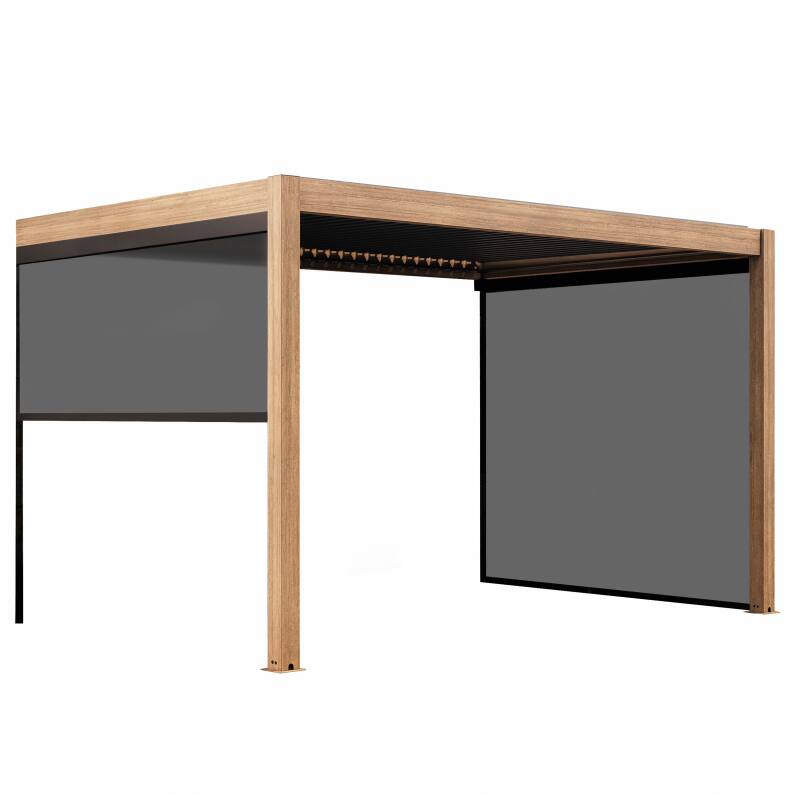 Pergola bioclimatique adossée 4x3m motorisée/éclairée effet bois en aluminium avec 1, 2 ou 3 stores