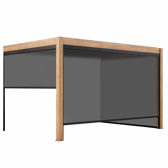 Pergola bioclimatique adossée 4x3m motorisée/éclairée effet bois en aluminium avec 1, 2 ou 3 stores