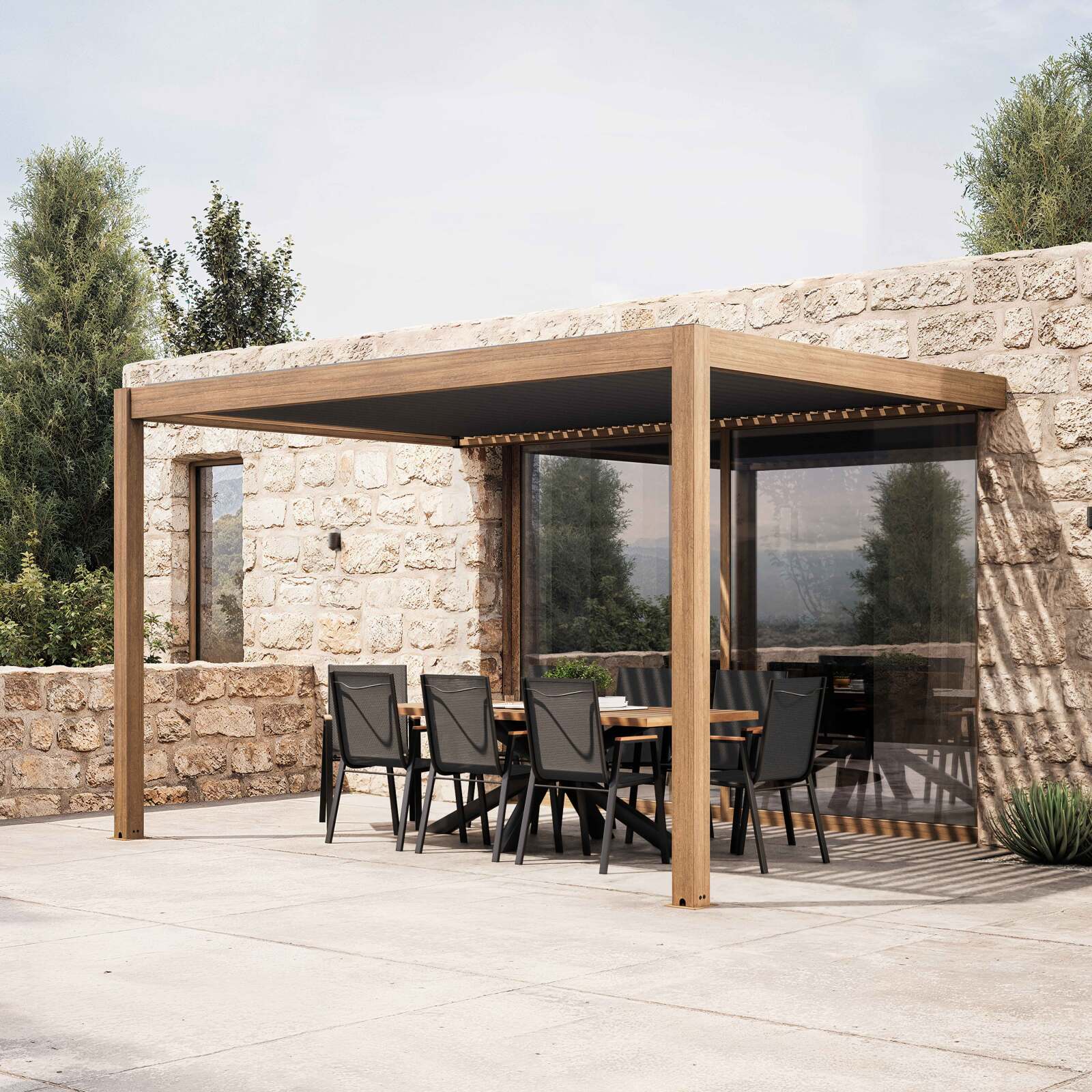 Pergola bioclimatique adossée 4x3m motorisée/éclairée effet bois en aluminium avec 1, 2 ou 3 stores