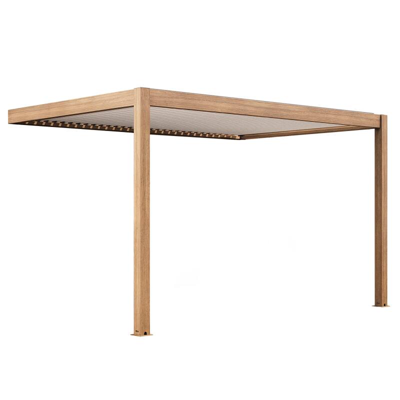 Pergola bioclimatique 4x3m adossée motorisée en aluminium effet bois toit blanc avec éclairage LED