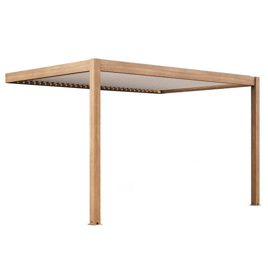 Pergola bioclimatique 4x3m adossée motorisée en aluminium effet bois toit blanc avec éclairage LED