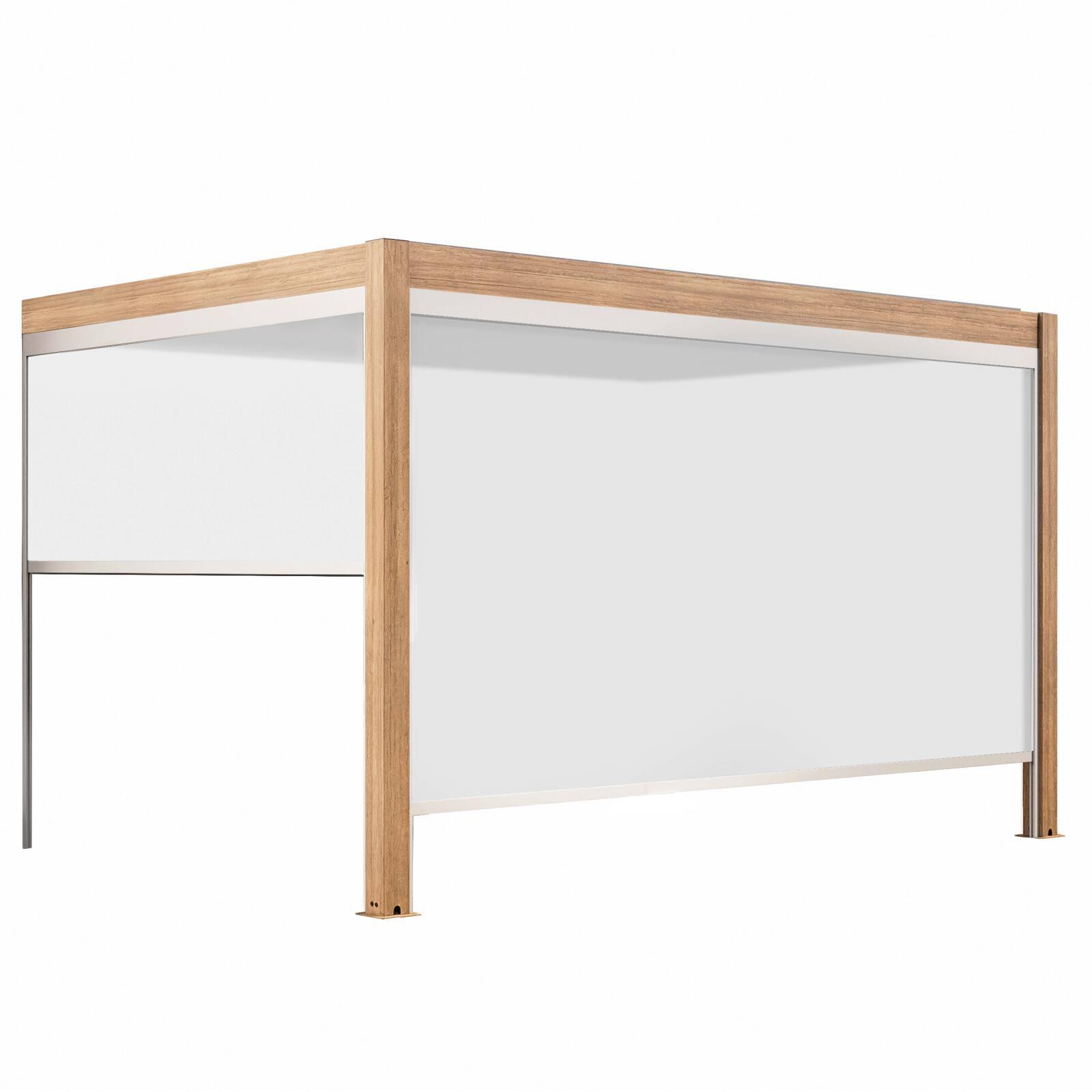 Pergola bioclimatique adossée 4x3m motorisée/éclairée effet bois toit blanc en aluminium avec 1, 2 ou 3 stores