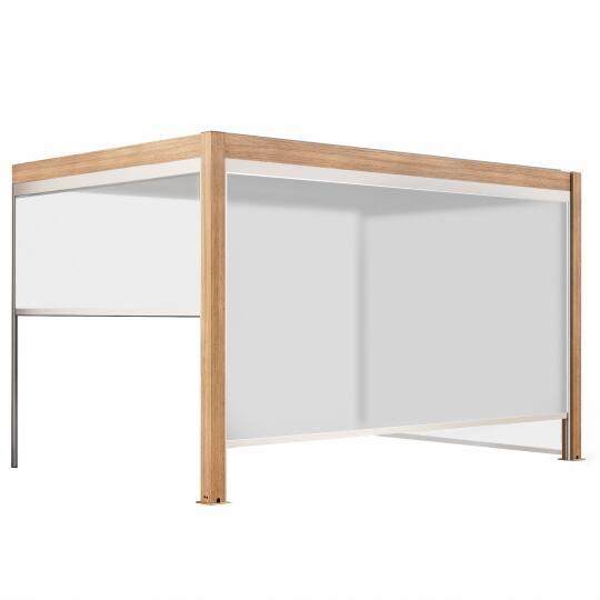 Pergola bioclimatique adossée 4x3m motorisée/éclairée effet bois toit blanc en aluminium avec 1, 2 ou 3 stores