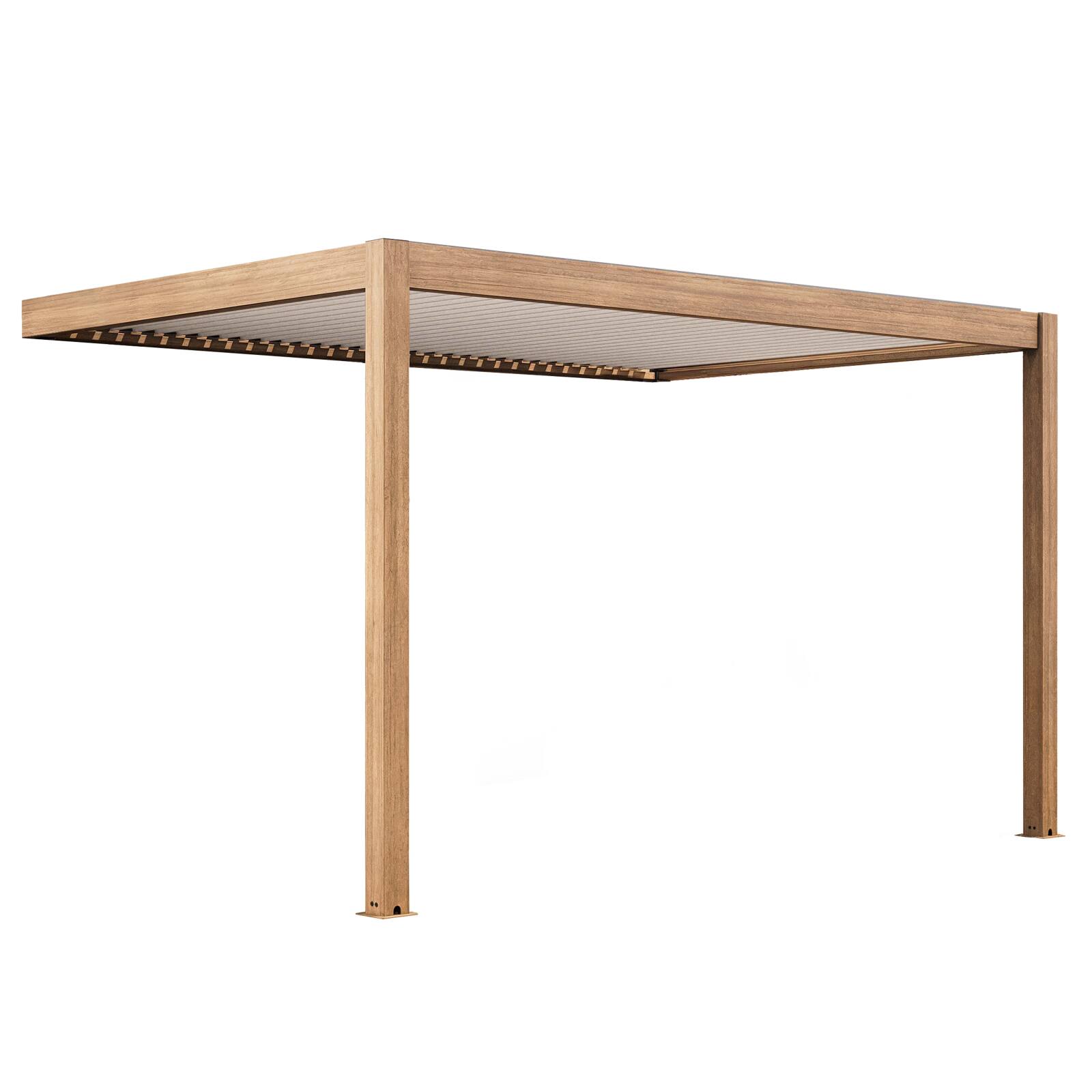 Pergola bioclimatique adossée 4x3m motorisée/éclairée effet bois toit blanc en aluminium avec 1, 2 ou 3 stores