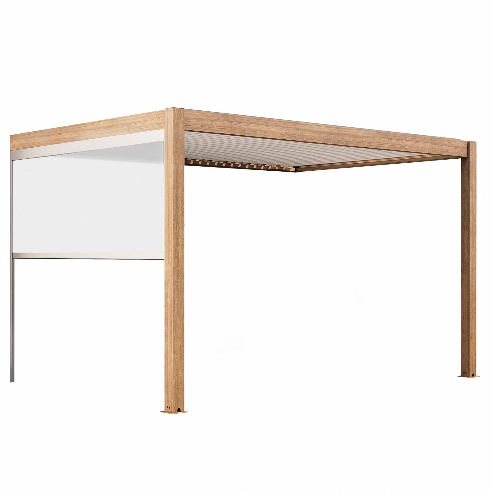 Pergola bioclimatique adossée 4x3m motorisée/éclairée effet bois toit blanc en aluminium avec 1, 2 ou 3 stores