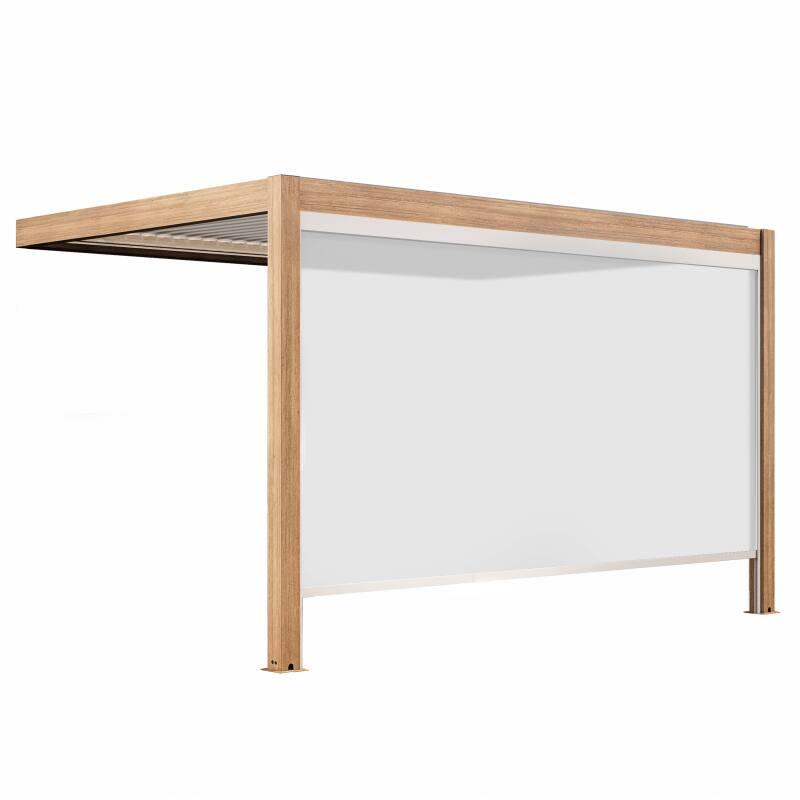 Pergola bioclimatique adossée 4x3m motorisée/éclairée effet bois toit blanc en aluminium avec 1, 2 ou 3 stores
