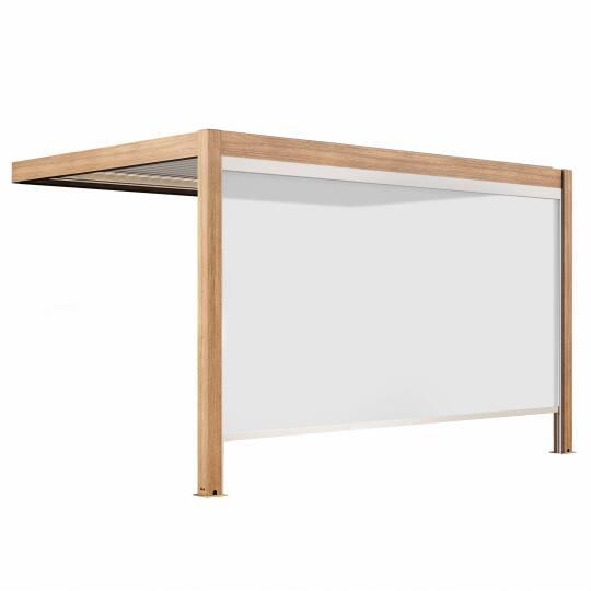 Pergola bioclimatique adossée 4x3m motorisée/éclairée effet bois toit blanc en aluminium avec 1, 2 ou 3 stores