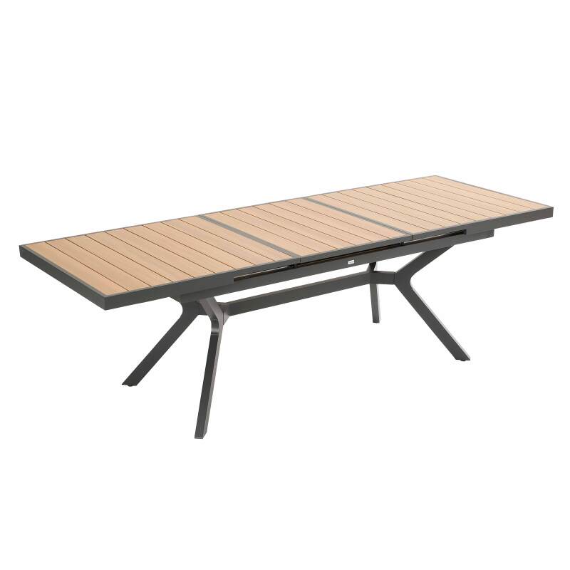 Table de jardin extensible rectangulaire (187/250 x 90 x 77 cm) en aluminium et effet bois