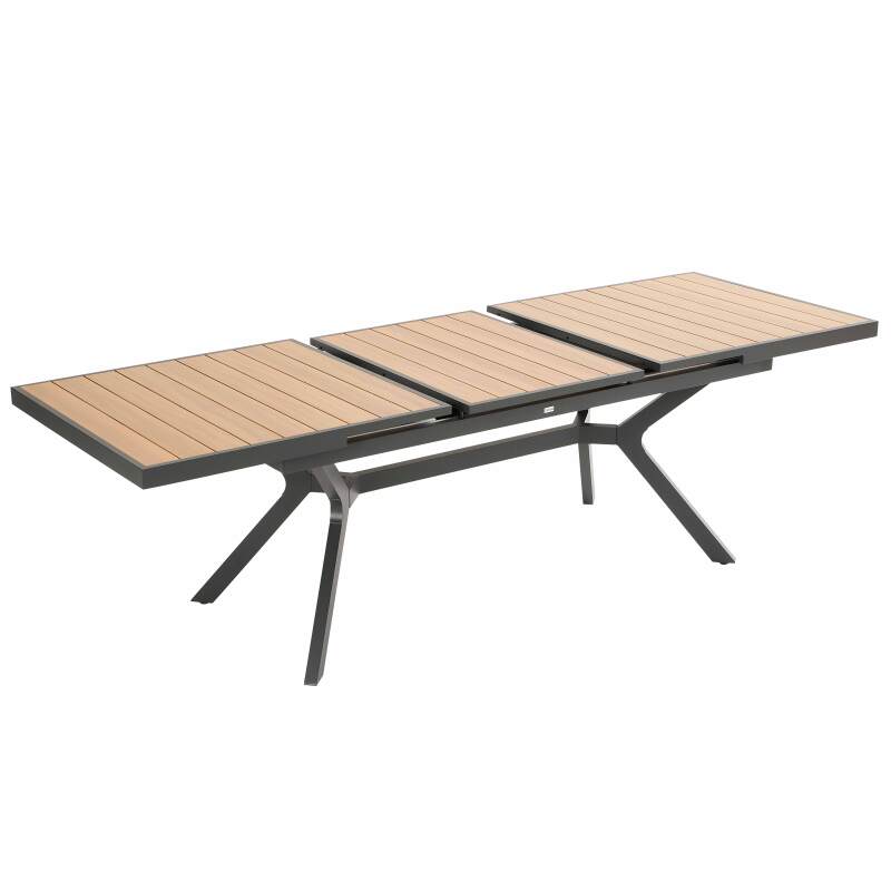 Table de jardin extensible rectangulaire (187/250 x 90 x 77 cm) en aluminium et effet bois