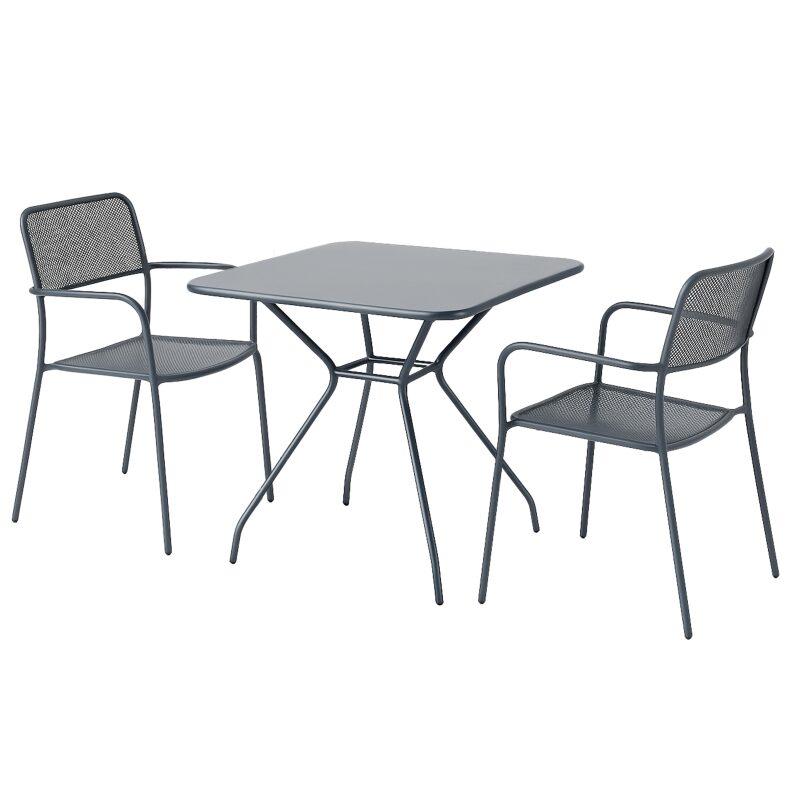 Table de jardin carrée 70 x 70 x 73 cm et 2 chaises avec accoudoirs en métal  