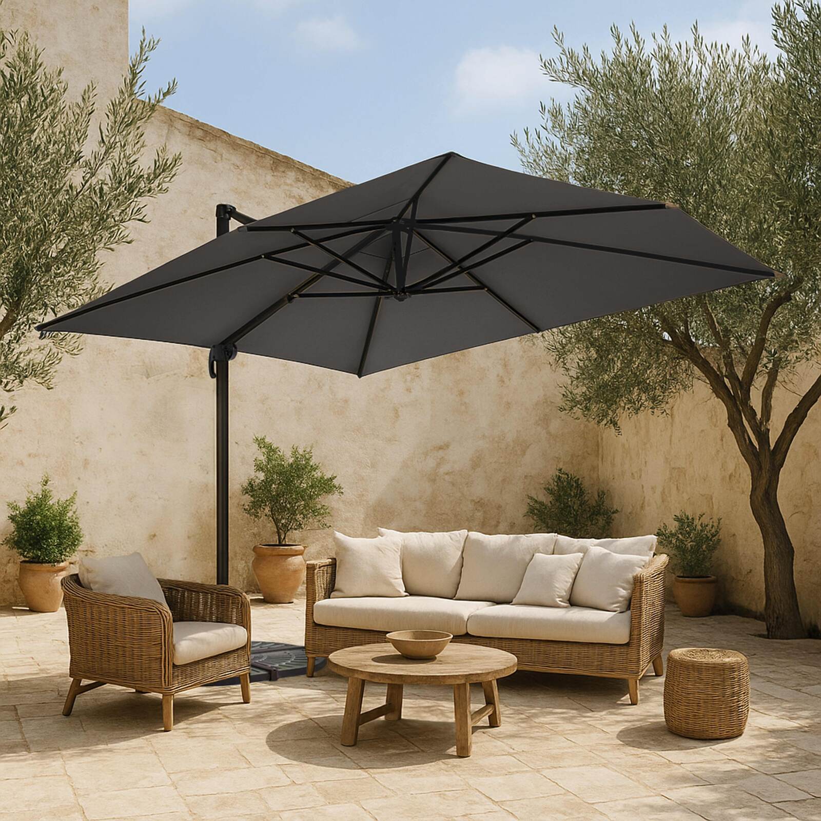 Parasol déporté inclinable et rotatif 360° (4 x 3 m) et 4 dalles lestées