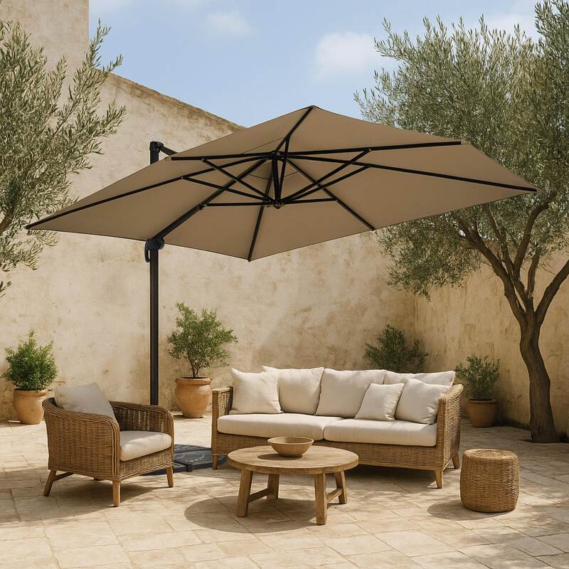 Parasol déporté inclinable et rotatif 360° (4 x 3 m) et 4 dalles lestées
