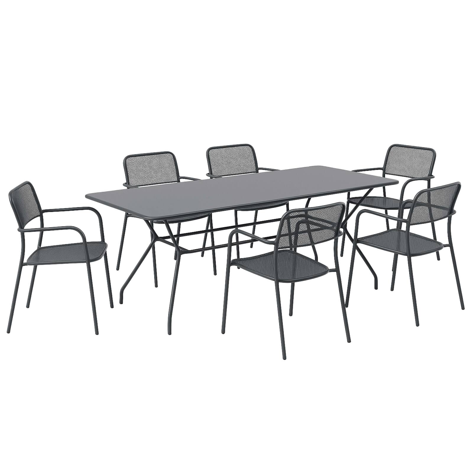 Table de jardin rectangulaire 140 x 80 x 75 cm et 6 chaises avec accoudoirs en métal  