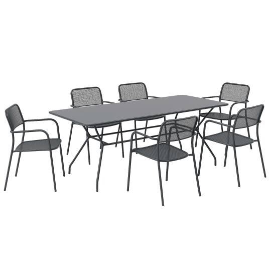 Table de jardin rectangulaire 140 x 80 x 75 cm et 6 chaises avec accoudoirs en métal