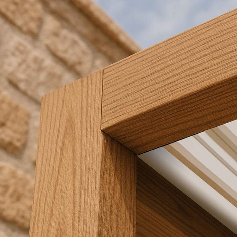 Pergola bioclimatique 4x3m adossée motorisée en aluminium effet bois toit blanc avec éclairage LED