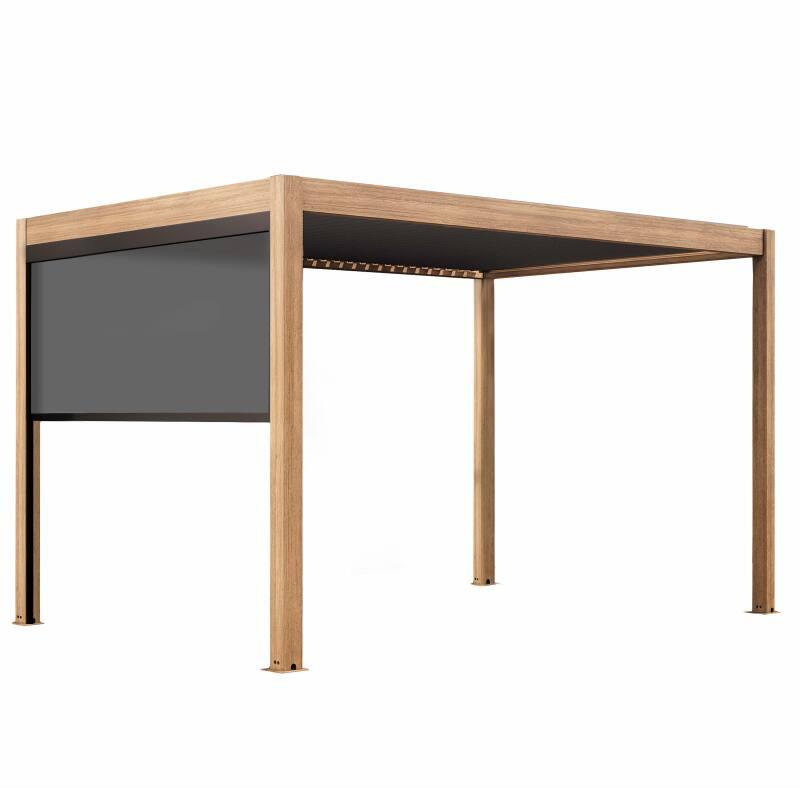 Pergola bioclimatique autoportée 4x3m motorisée/éclairée effet bois toit gris en aluminium avec 1, 2 ou 3 stores