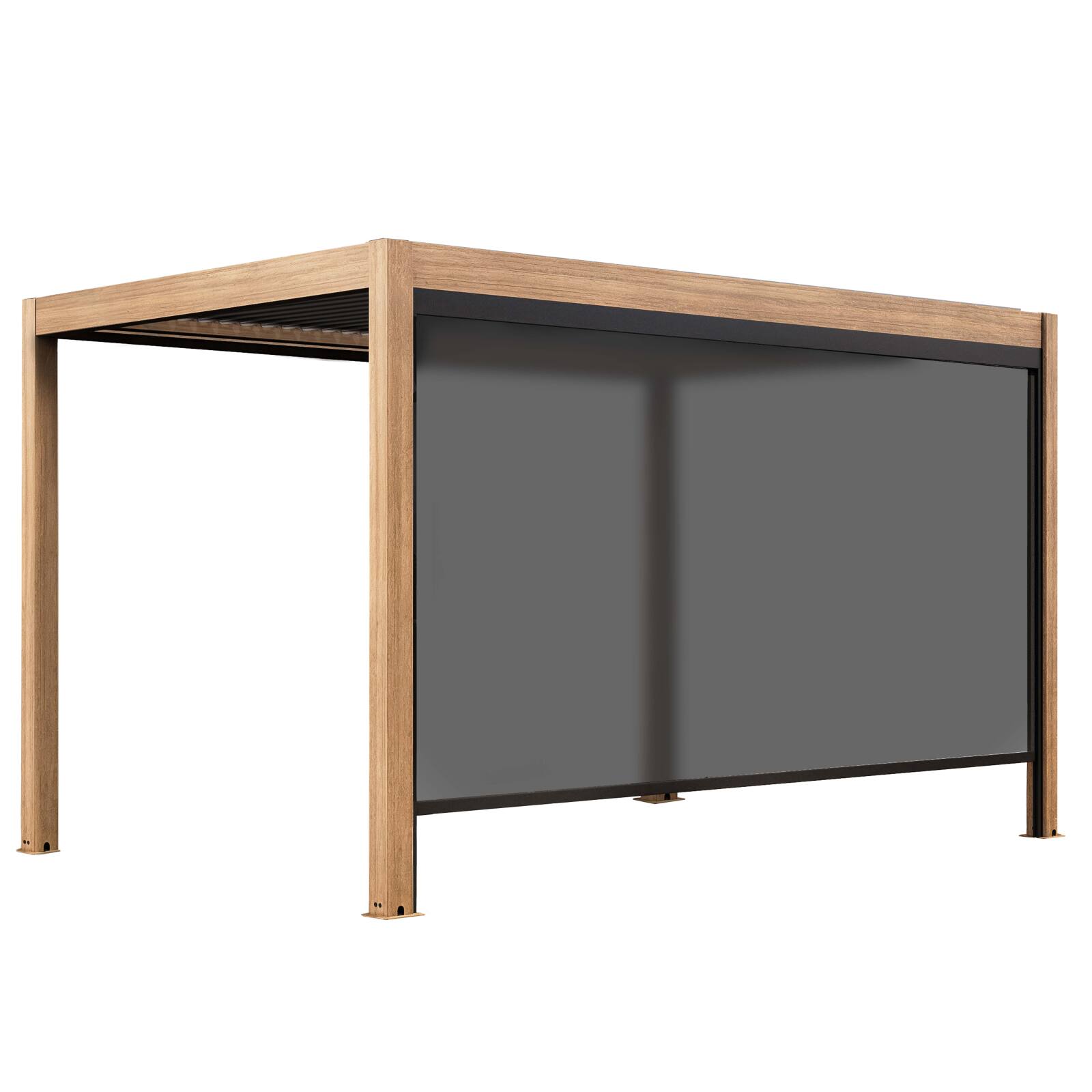 Pergola bioclimatique autoportée 4x3m motorisée/éclairée effet bois toit gris en aluminium avec 1, 2 ou 3 stores