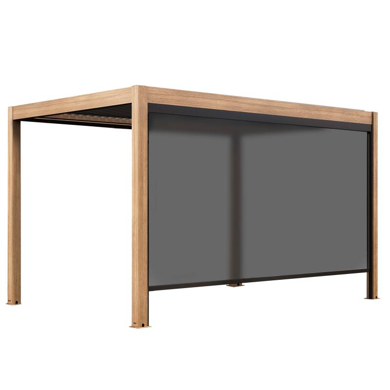 Pergola bioclimatique autoportée 4x3m motorisée/éclairée effet bois toit gris en aluminium avec 1, 2 ou 3 stores