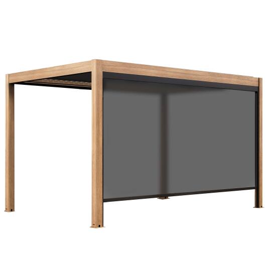 Pergola bioclimatique autoportée 4x3m motorisée/éclairée effet bois toit gris en aluminium avec 1, 2 ou 3 stores