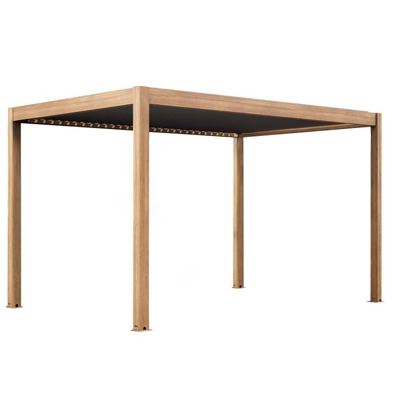 Pergola bioclimatique autoportée 4x3m motorisée/éclairée effet bois toit gris en aluminium avec 1, 2 ou 3 stores