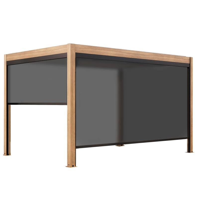 Pergola bioclimatique autoportée 4x3m motorisée/éclairée effet bois toit gris en aluminium avec 1, 2 ou 3 stores
