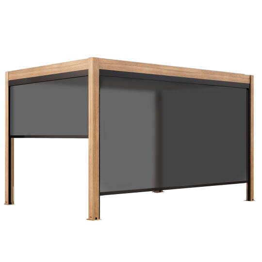 Pergola bioclimatique autoportée 4x3m motorisée/éclairée effet bois toit gris en aluminium avec 1, 2 ou 3 stores | Oviala