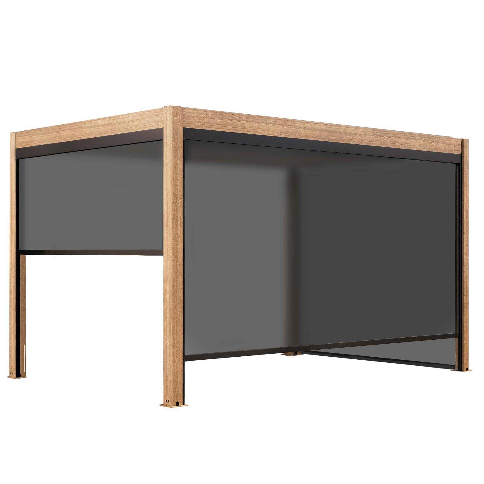 Pergola bioclimatique autoportée 4x3m motorisée/éclairée effet bois toit gris en aluminium avec 1, 2 ou 3 stores