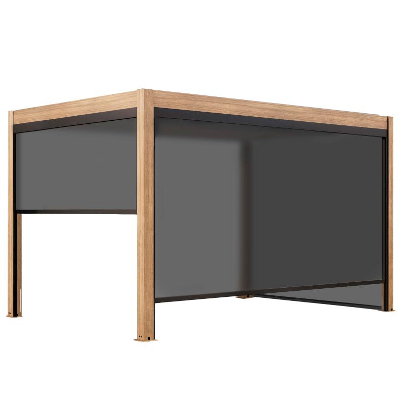 Pergola bioclimatique autoportée 4x3m motorisée/éclairée effet bois toit gris en aluminium avec 1, 2 ou 3 stores