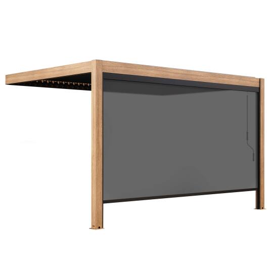 Pergola bioclimatique adossée 4x3m effet bois en aluminium avec 1, 2 ou 3 stores