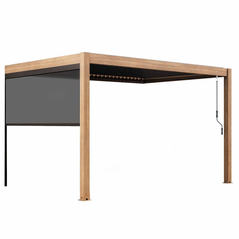 Pergola bioclimatique adossée 4x3m effet bois en aluminium avec 1, 2 ou 3 stores