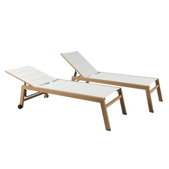 Lot de 2 bains de soleil en aluminium effet bois avec roues, inclinables 5 positions