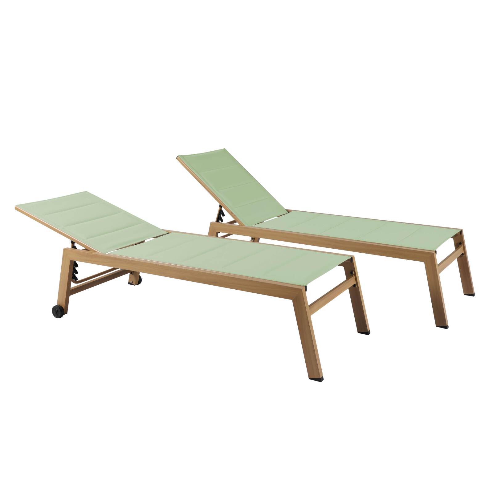 Lot de 2 bains de soleil en aluminium effet bois avec roues, inclinables 5 positions