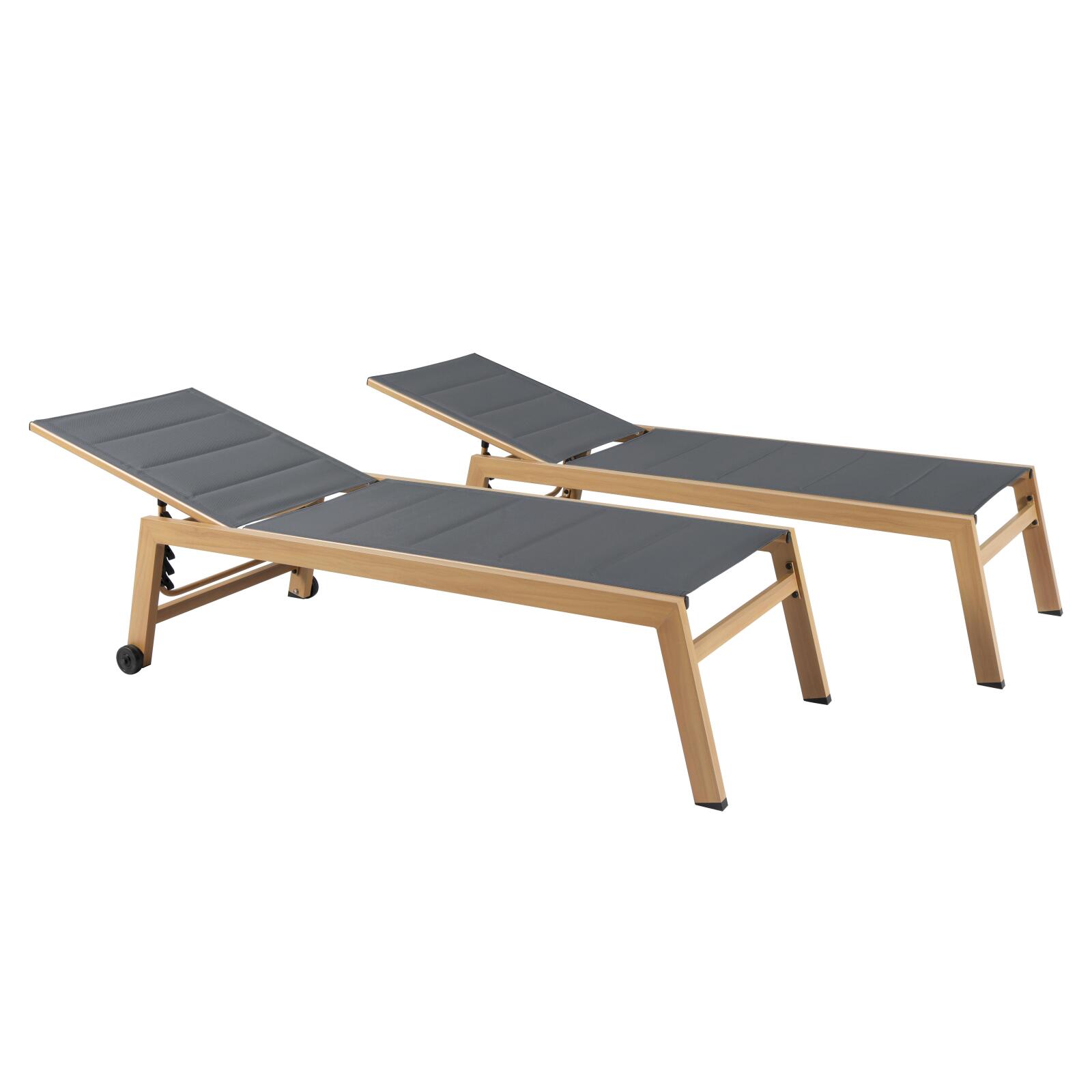 Lot de 2 bains de soleil en aluminium effet bois avec roues, inclinables 5 positions