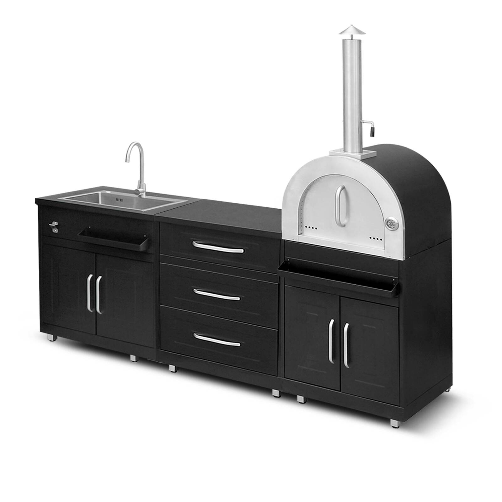 Cuisine extérieure acier 3 éléments avec four à pizza