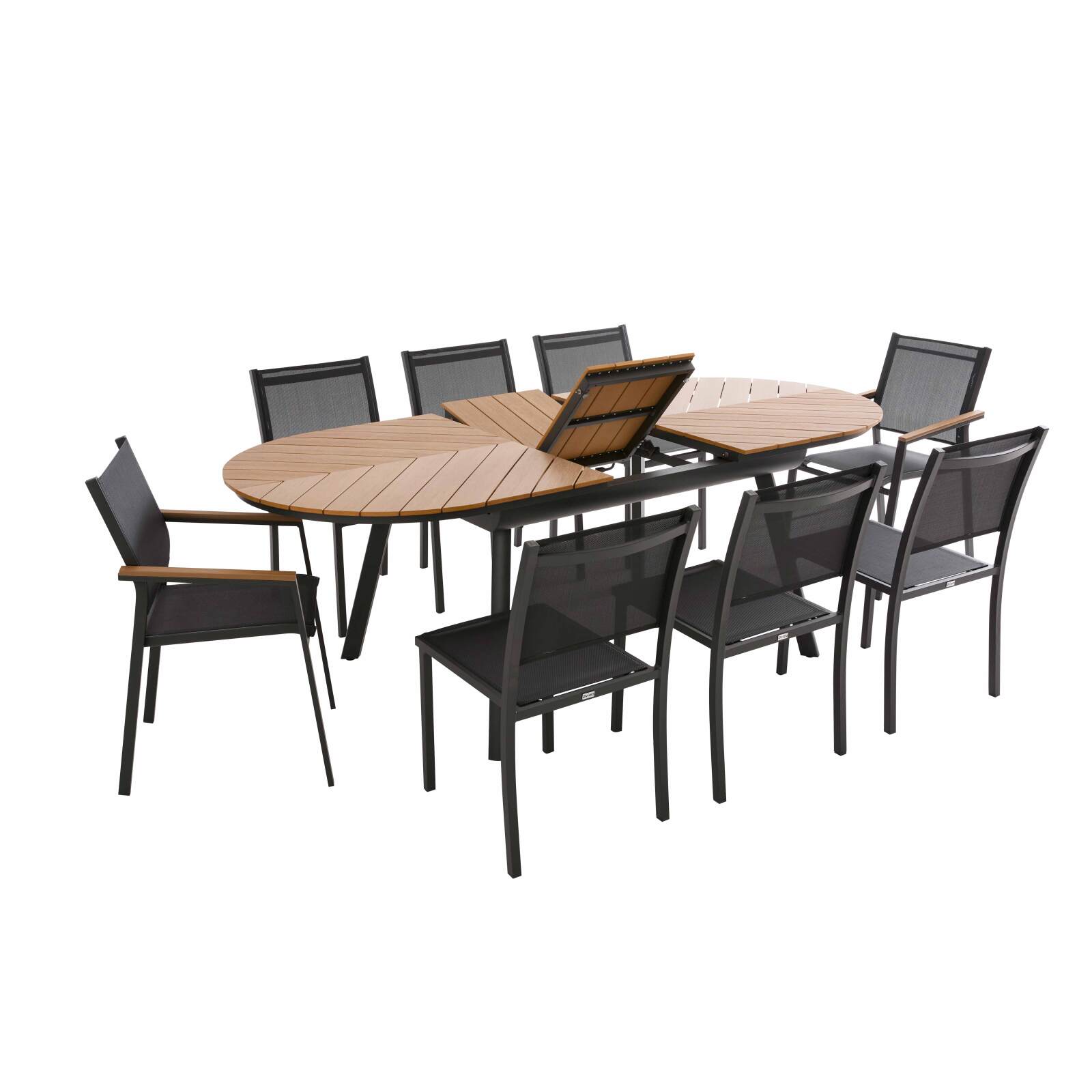 Table de jardin extensible rectangulaire en polywood 180/220 cm avec 6 chaises et 2 chaises avec accoudoirs