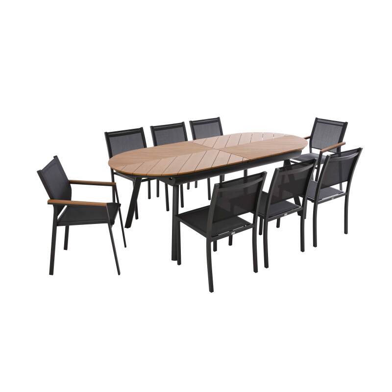 Table de jardin extensible rectangulaire en polywood 220/280 cm avec 8 chaises et 2 chaises avec accoudoirs